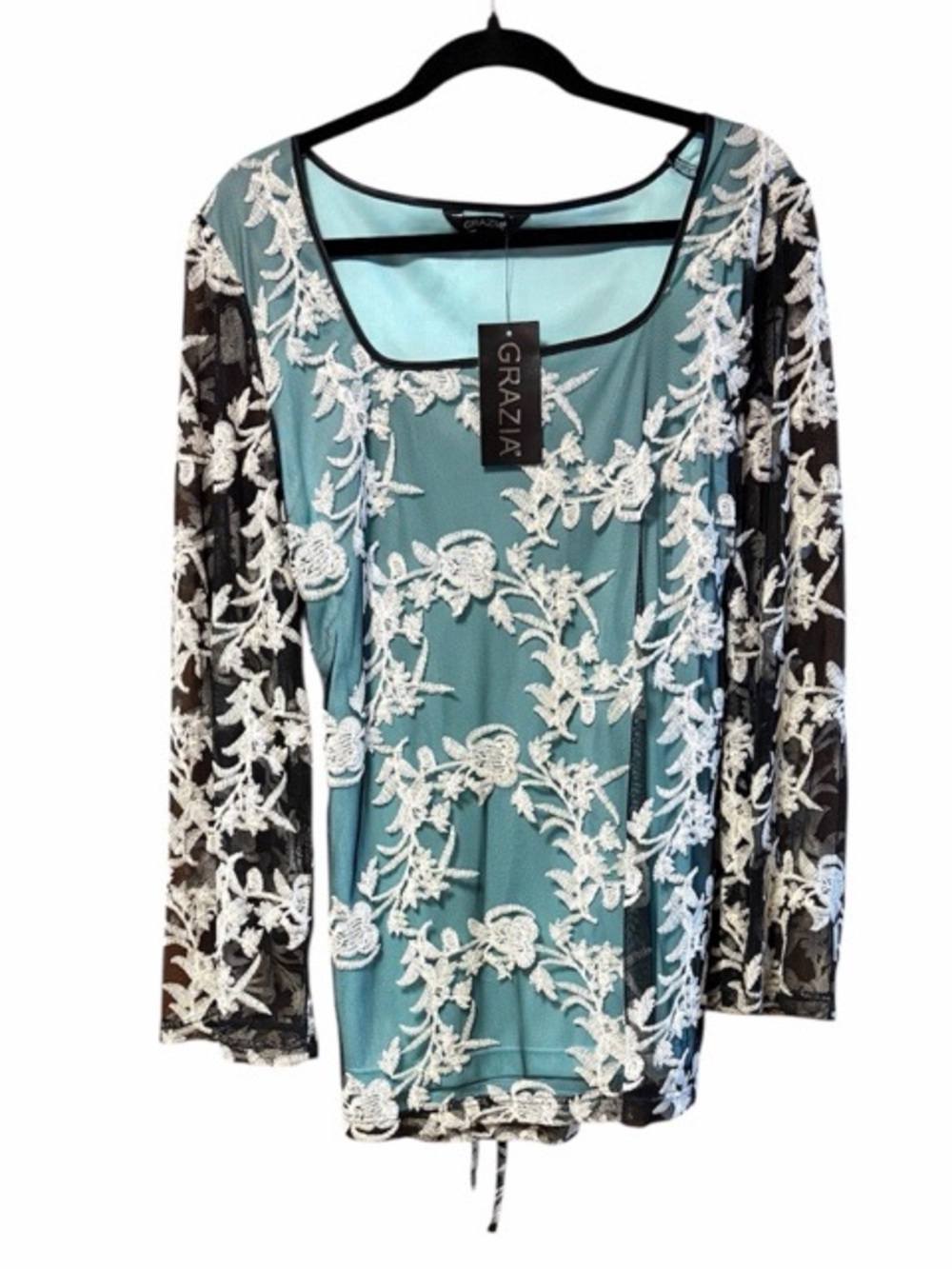 Grazia Mesh Embroidered Floral Square Neck Long‎ Sleeve Top NWT